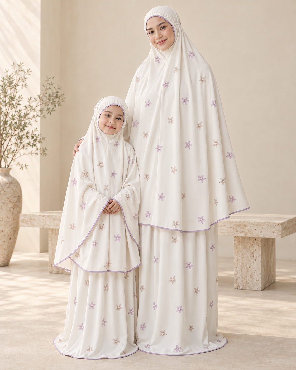 Contoh design Kamboja untuk ibu dan anak: Floral kecil, seri ceria. Ilustrasi AI.