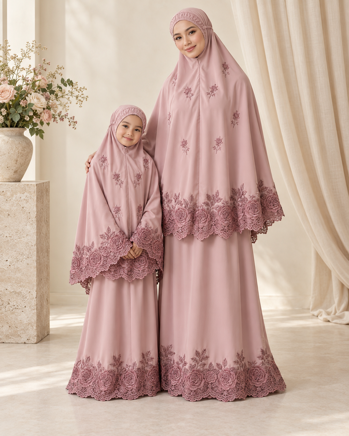 Contoh design Mawar untuk ibu dan anak: Renda penuh pesona. Ilustrasi AI.
