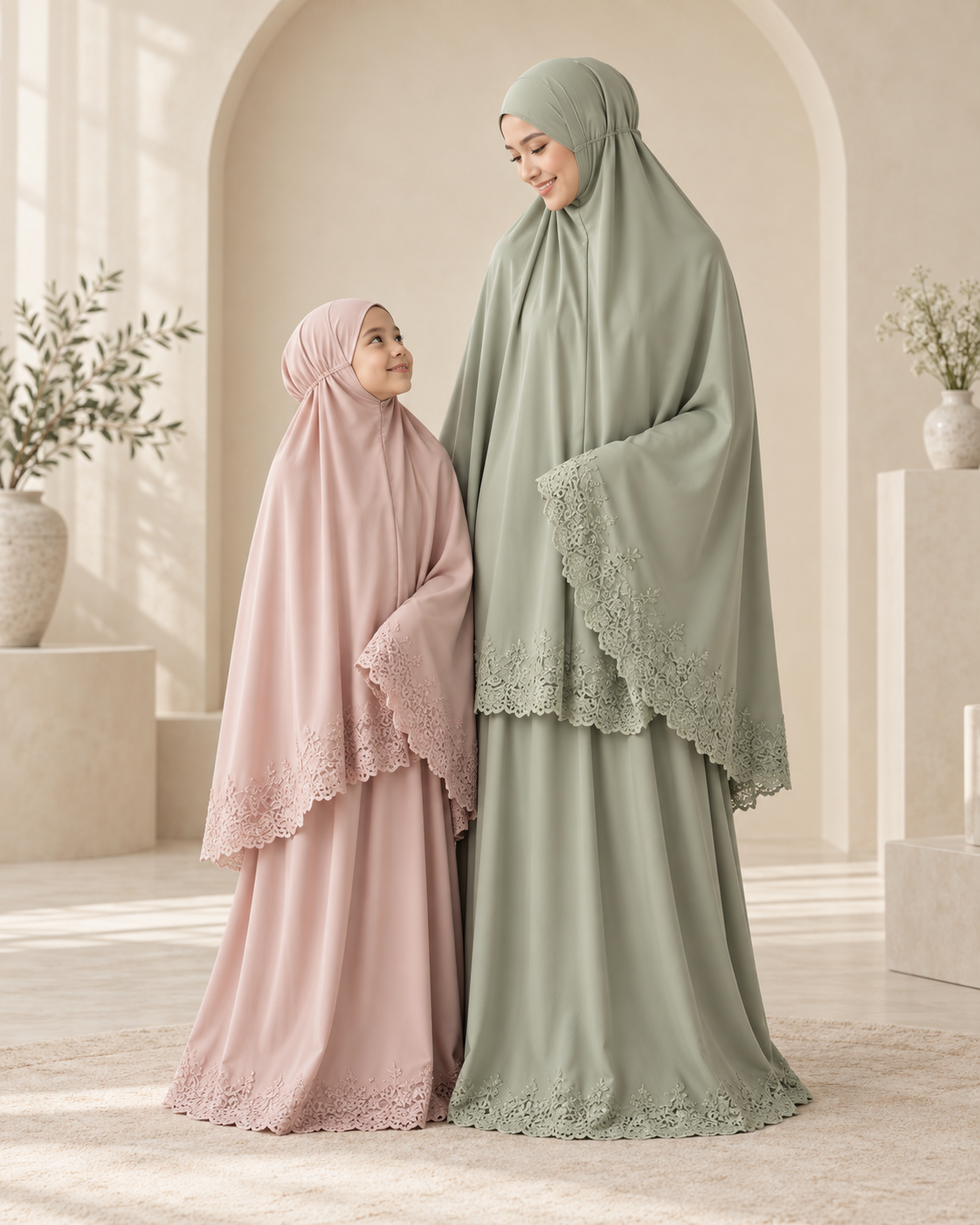 Visual konsep AI: ibu bertelekung sage bersama anak bertelekung merah jambu